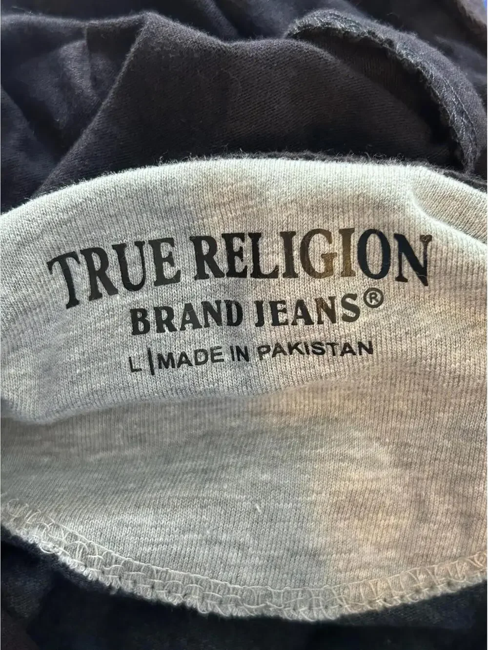 True Religion Mens Hooded Henley Long Sleeve Tee Dark Denim Heather L $109